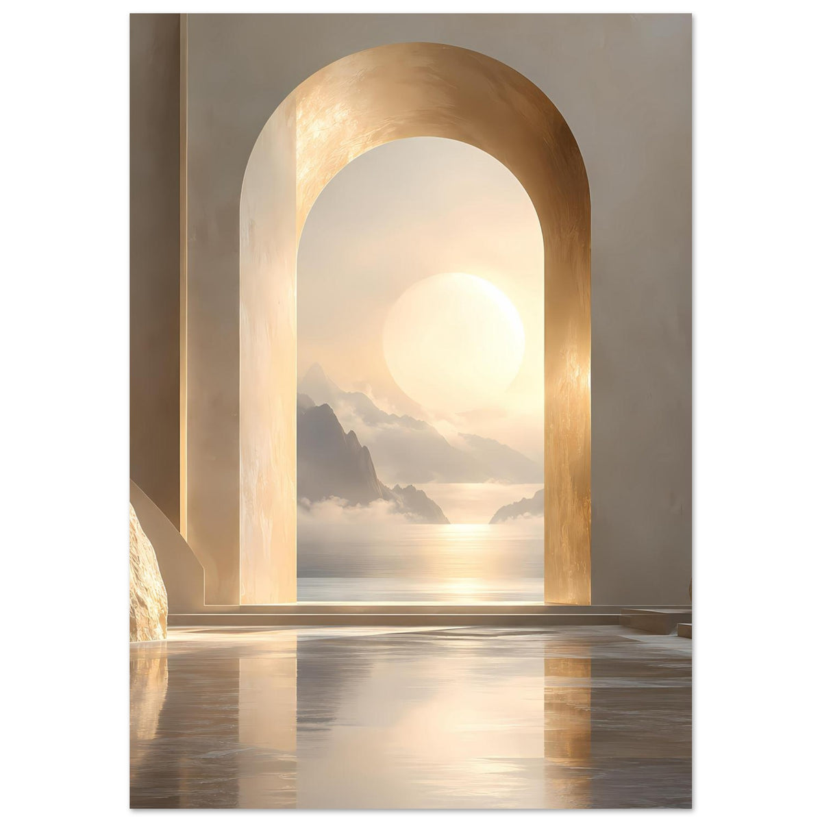 Wandposter im Hochformat: golden gerahmter Rundbogen mit Sonnenaufgang über Küste