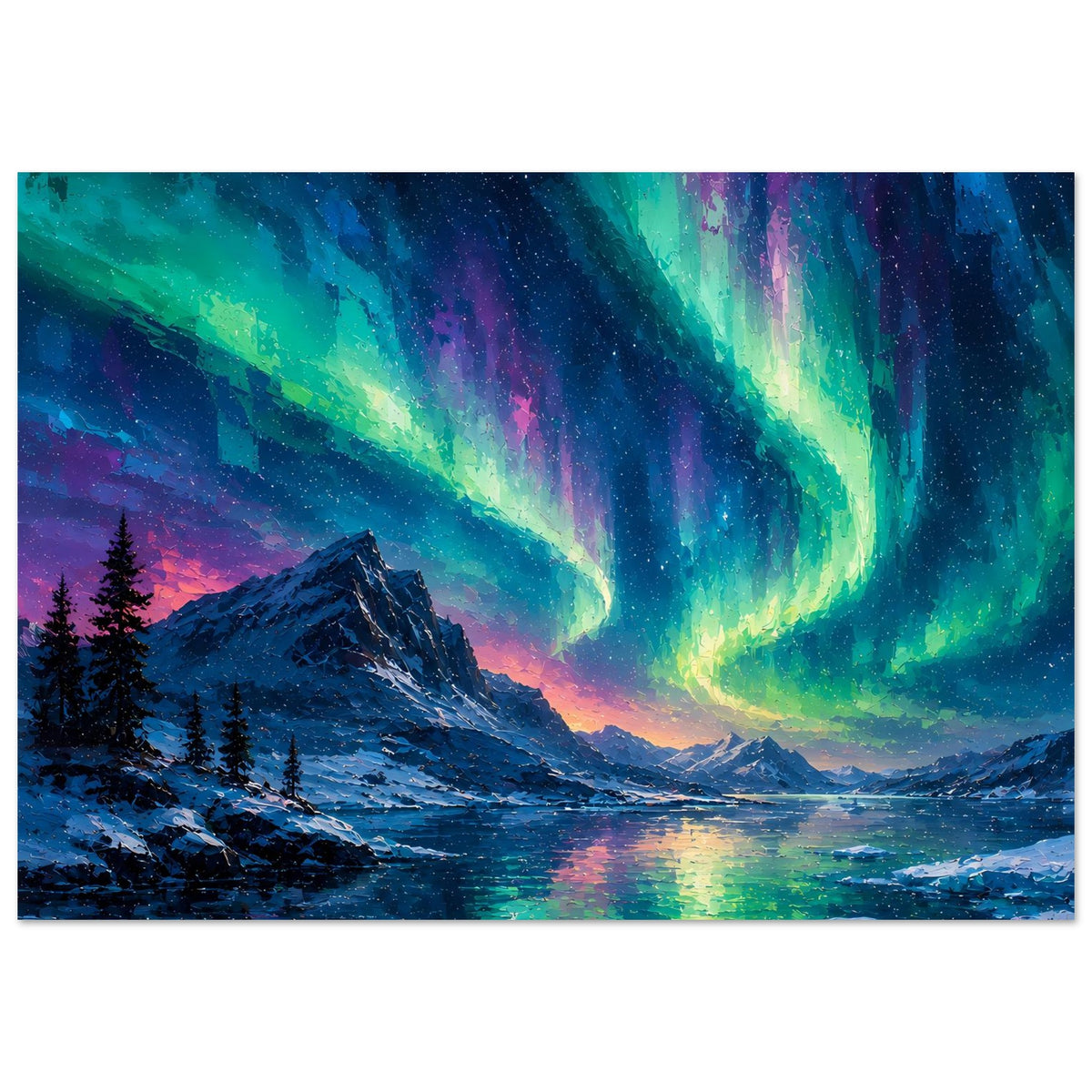 Fine-Art-Poster mit leuchtendem Nordlicht über verschneiten Bergen, Fluss und Reflexionen