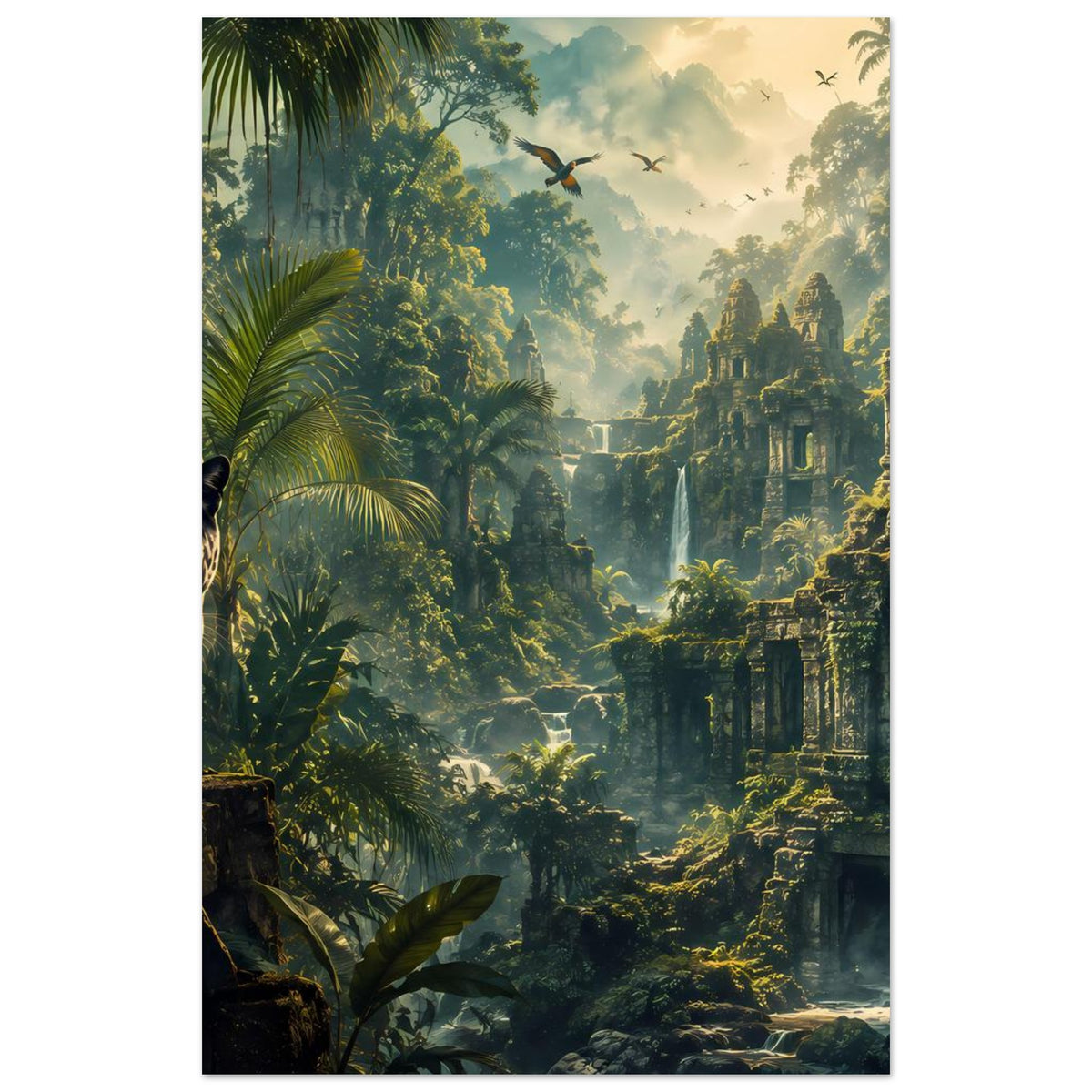 Poster im Hochformat mit Pantherkopf links, Dschungelruinen und Felsreliefs