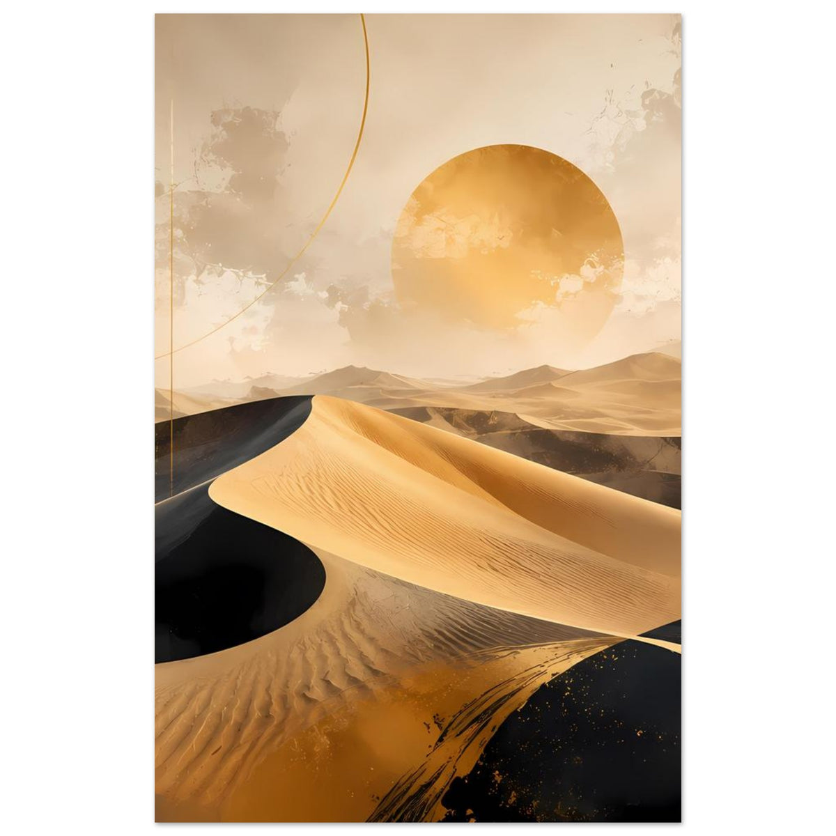 Wandposter mit goldenen Sanddünen, dunklen Bereichen und runder Sonnenscheibe