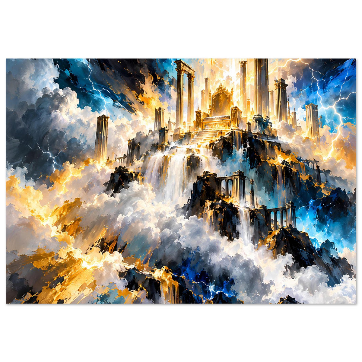 Fantasy-Poster quer: Ruinen an Klippen, Wasserfälle in Wolken, blau-goldenes Licht und Säulen