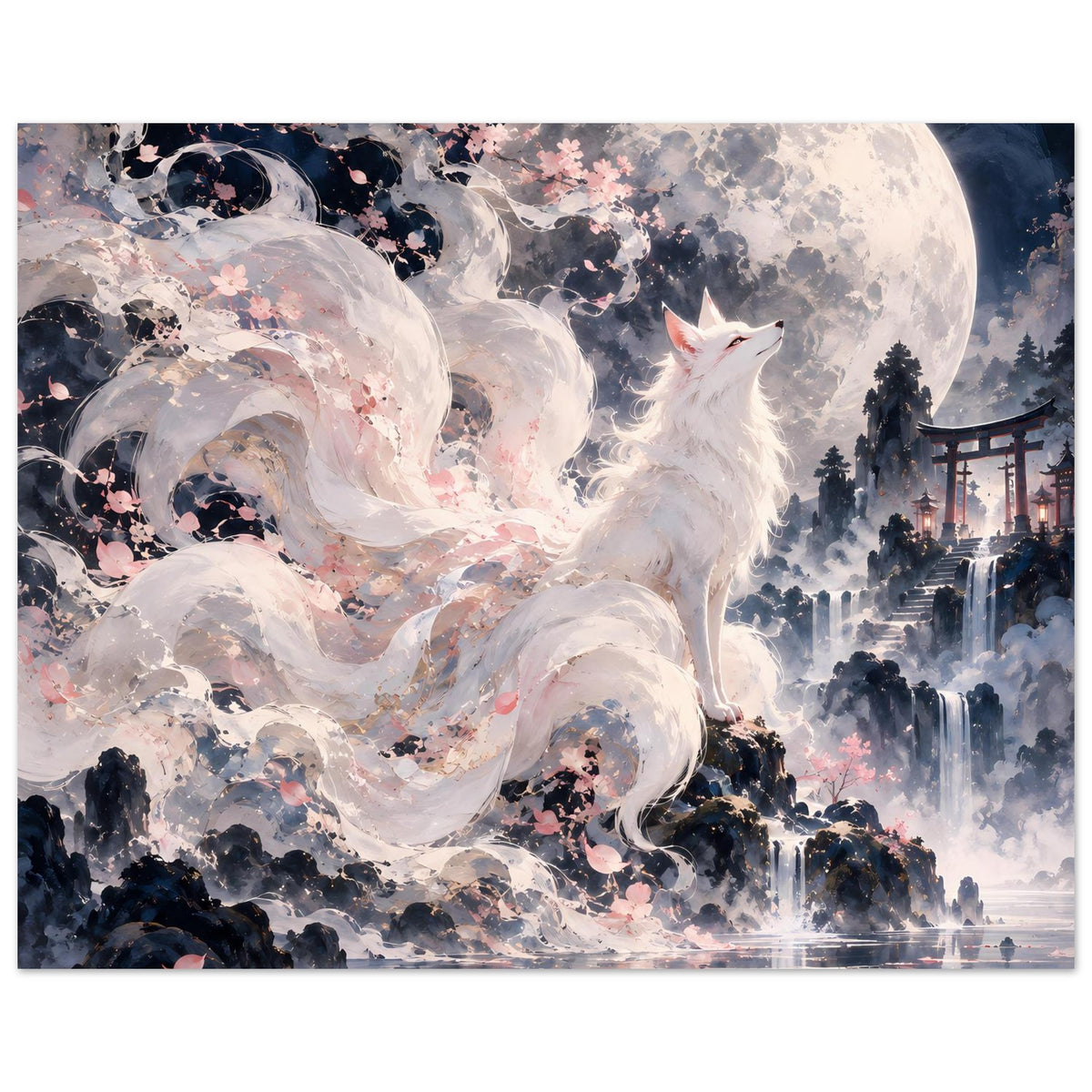 Fantasy-Poster: weißer Fuchs vor Vollmond, Kirschblüten und nächtliche Pagoden