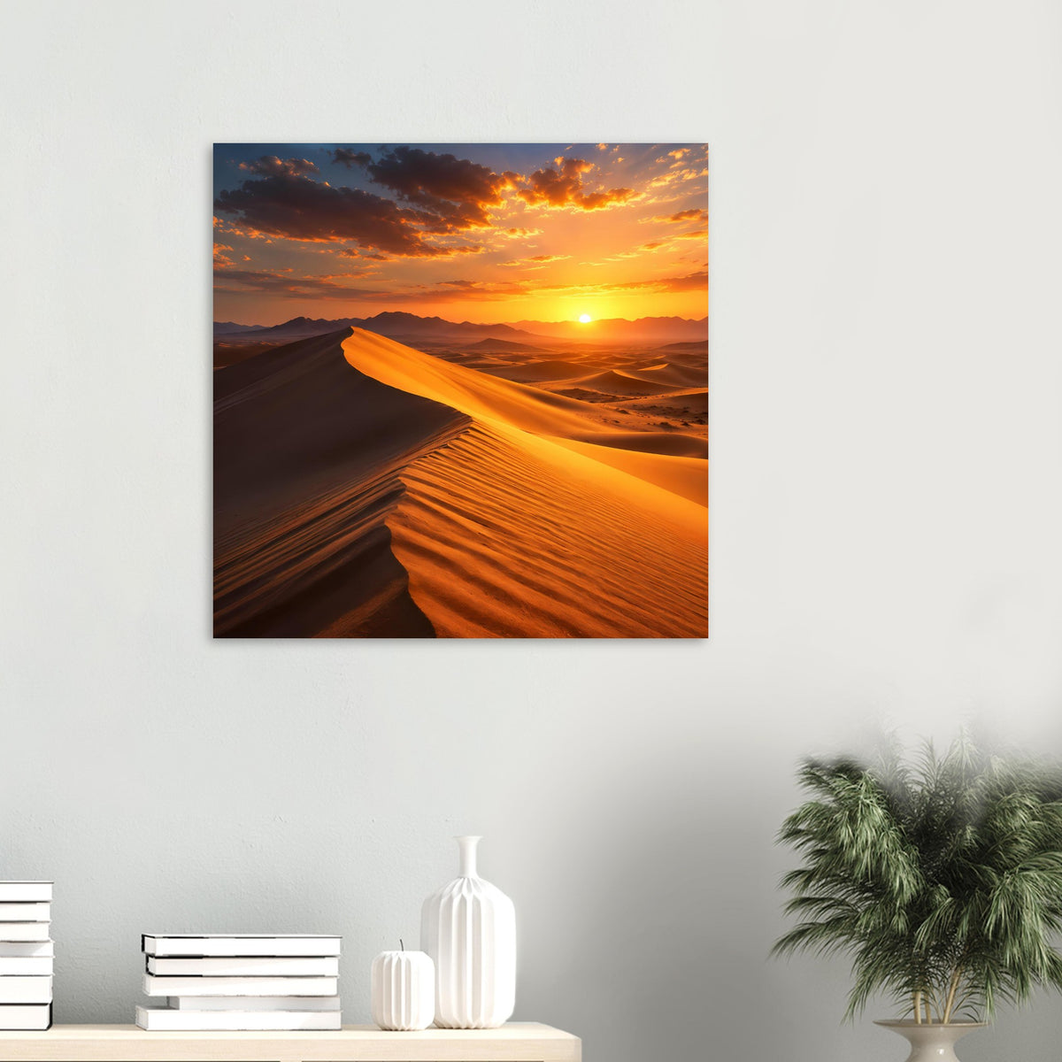 Kleines gerahmtes Poster mit Wüstendünen bei Sonnenuntergang und hellem Sonnenkreis