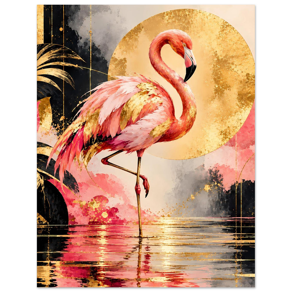 Tierposter mit Flamingo, goldenem Kreis und Wasserspiegelung in Pink und Gold