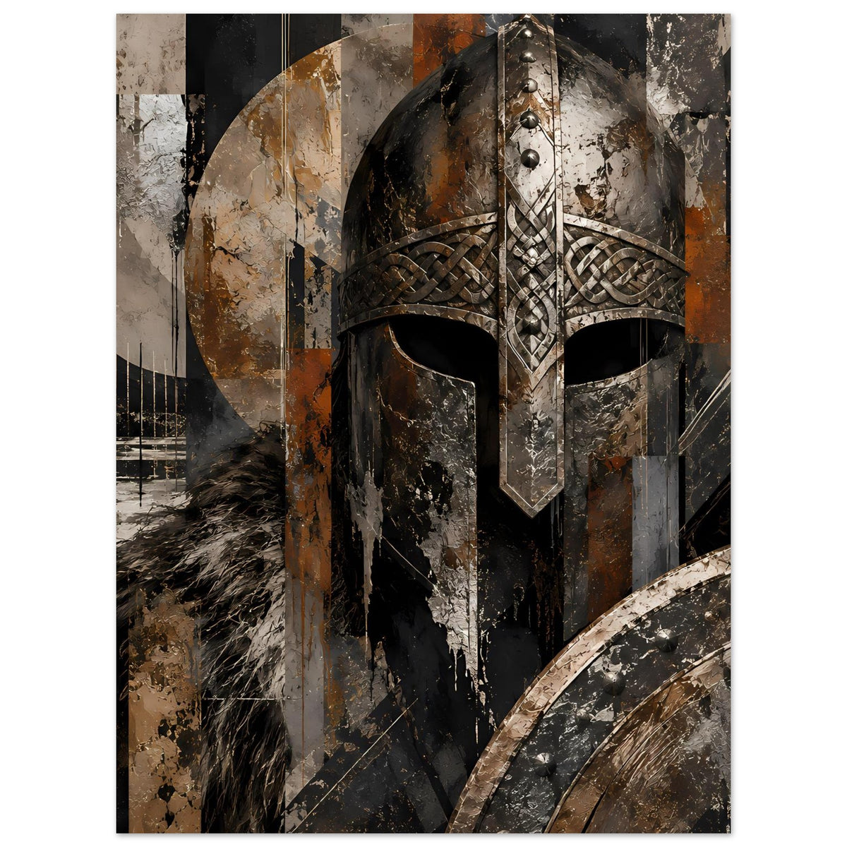 Wikinger-Kunstposter mit ornamentiertem Helm, Flechtmuster und Schildbogen im Eck