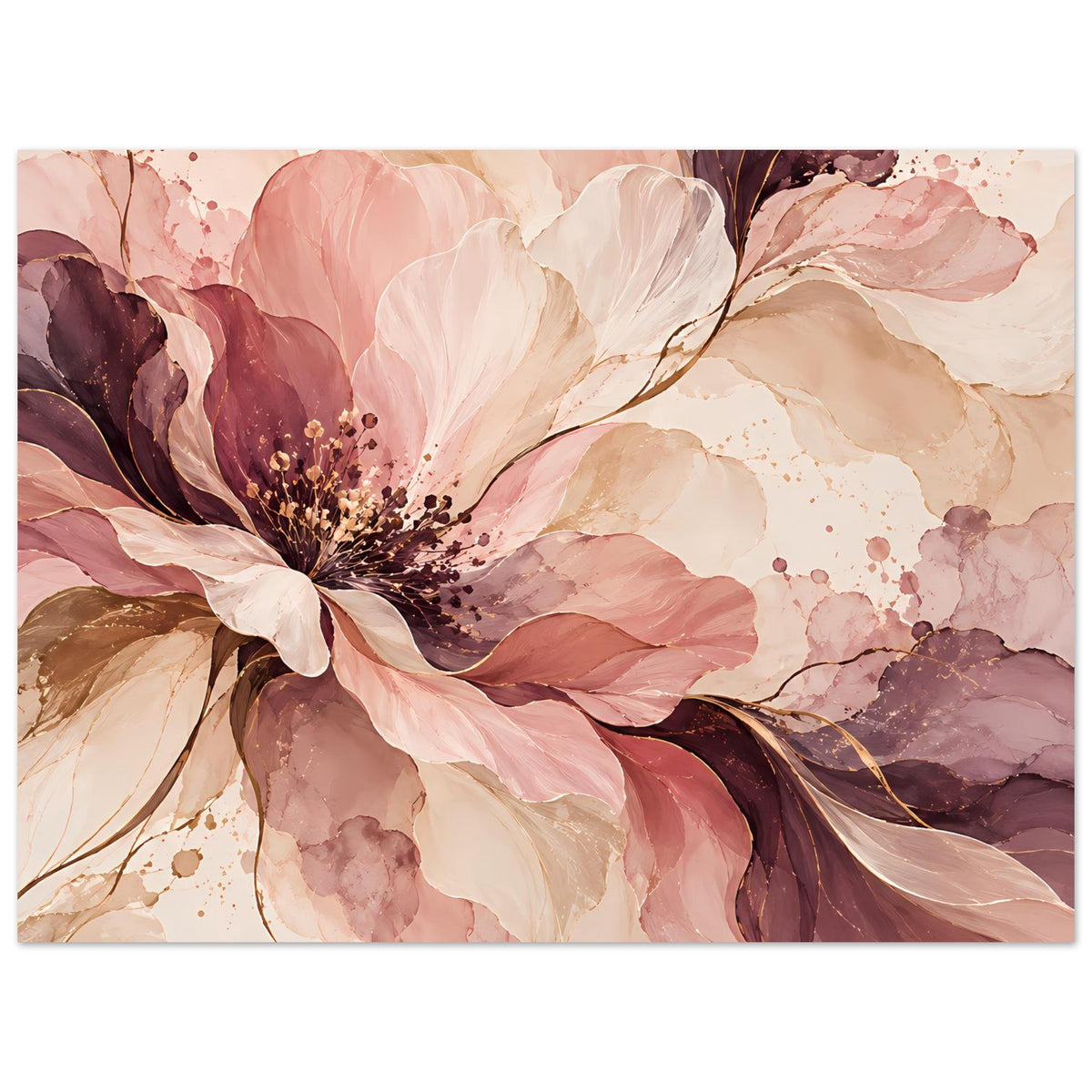 Blütenposter mit rosa Blüten und beigen Flächen, beerige Farbtöne im Randbereich, horizontal