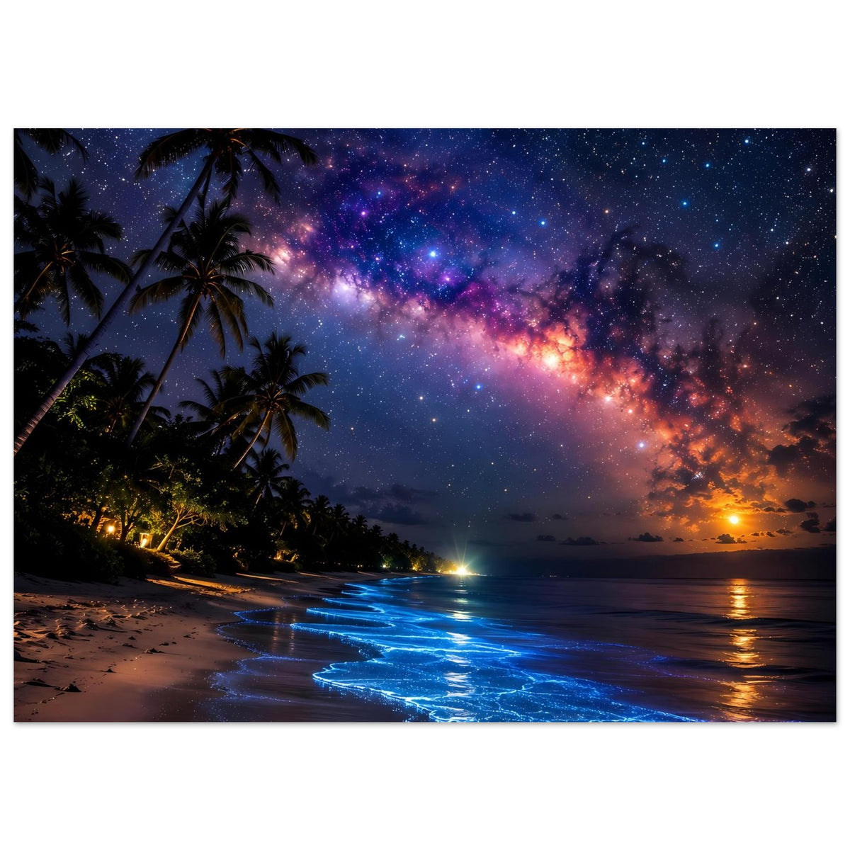 Poster Strand bei Nacht: Palmen links, Milchstraße über der Küste, blaue Flutlinien