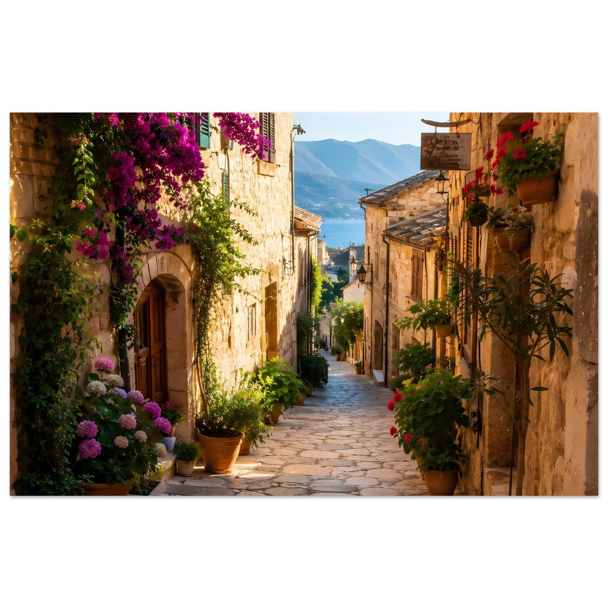 Breites Poster mit mediterraner Gasse, Bougainvillea, Pflasterweg und Blumenkübeln
