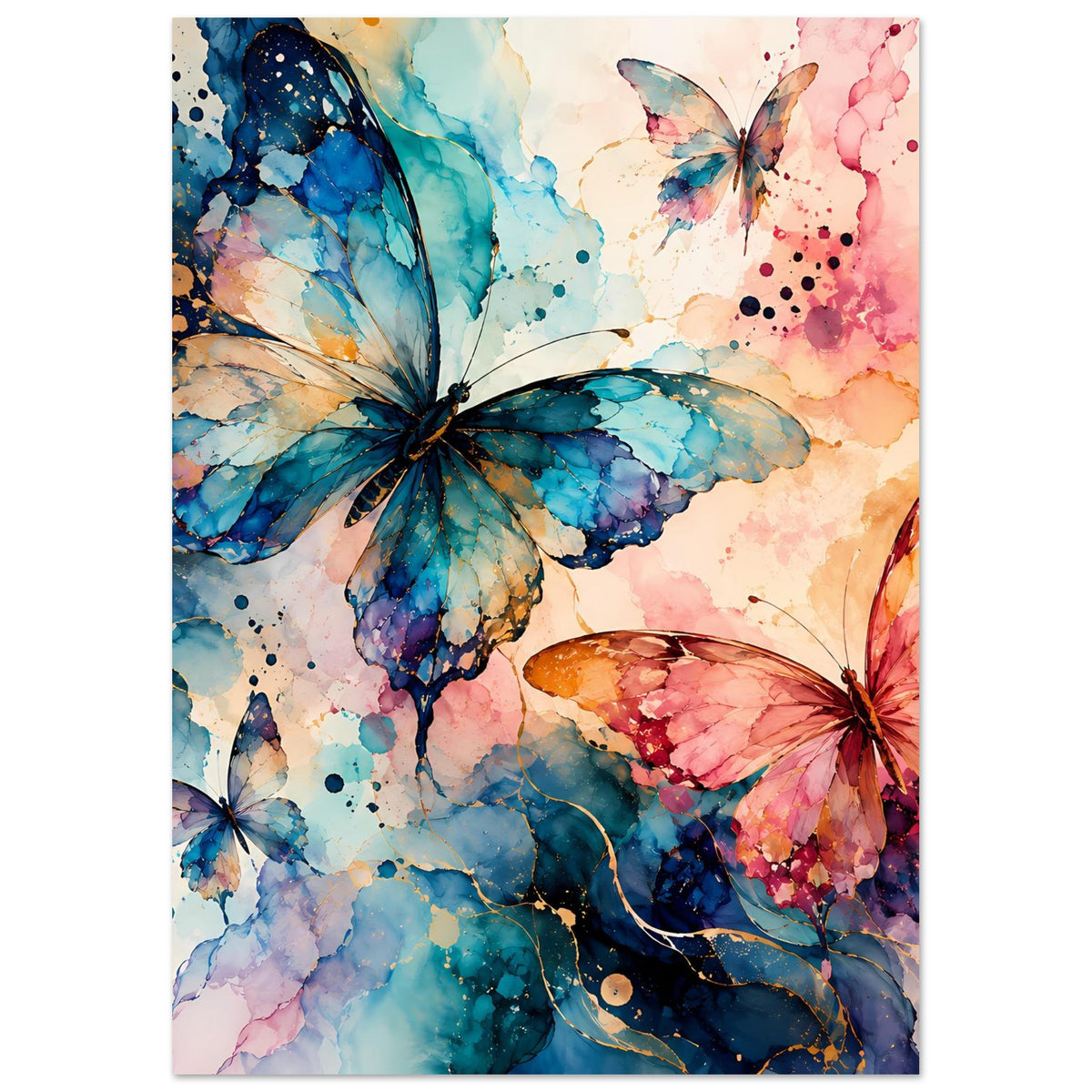 Aquarell-Schmetterlingsposter mit einem großen blauen Falter oben und rosa Falter rechts.