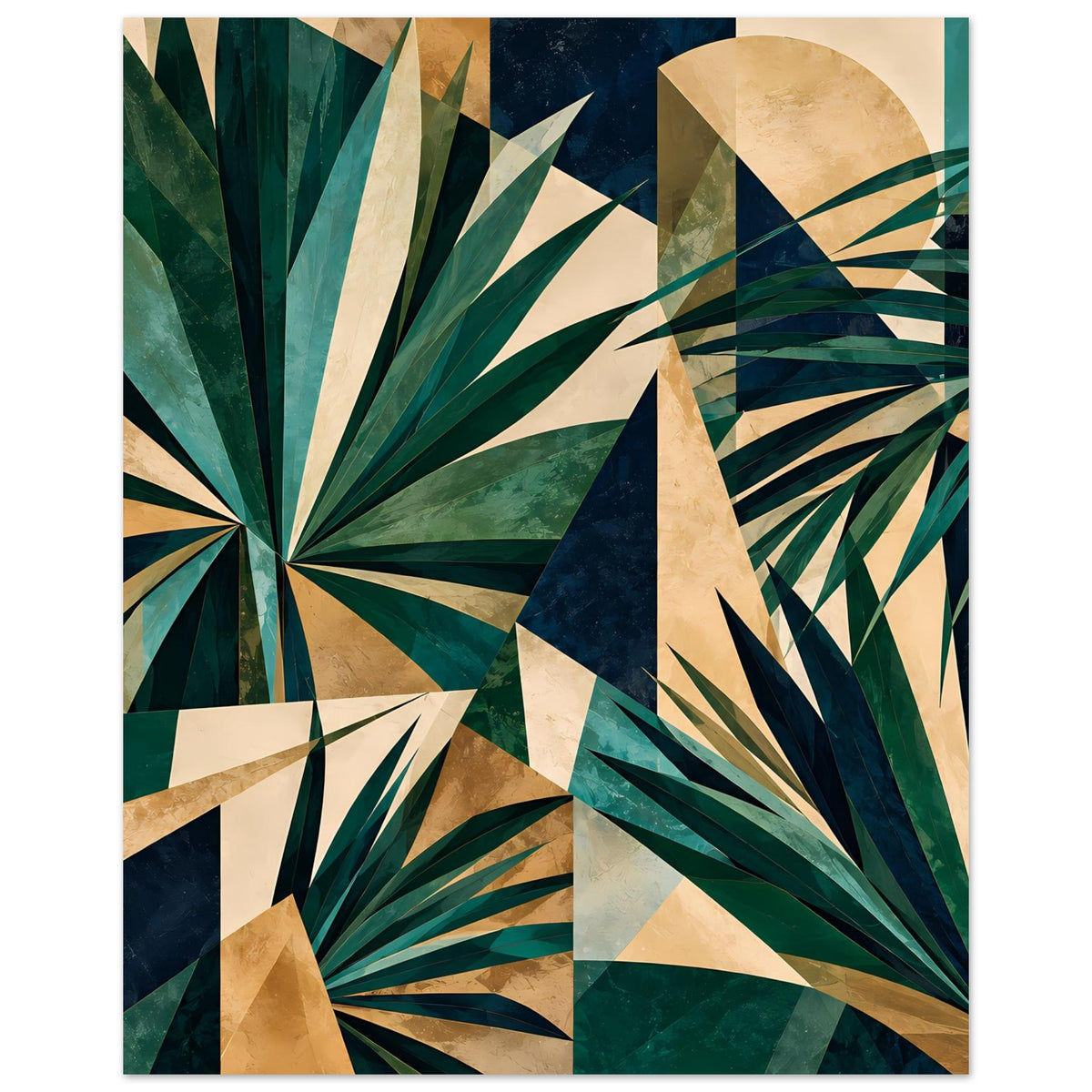 Kunstdruck-Poster im Hochformat mit geometrischem Palmenblatt-Motiv in Dunkelgrün, Gold und Beige
