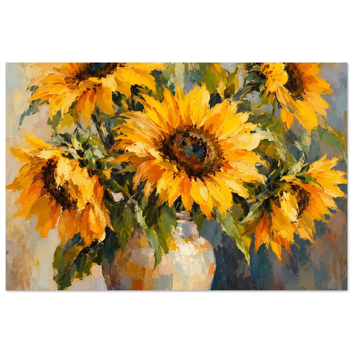 Sonnenblumen-Stillleben-Poster: gelbe Sonnenblumen im Glasvase, klare Frontansicht