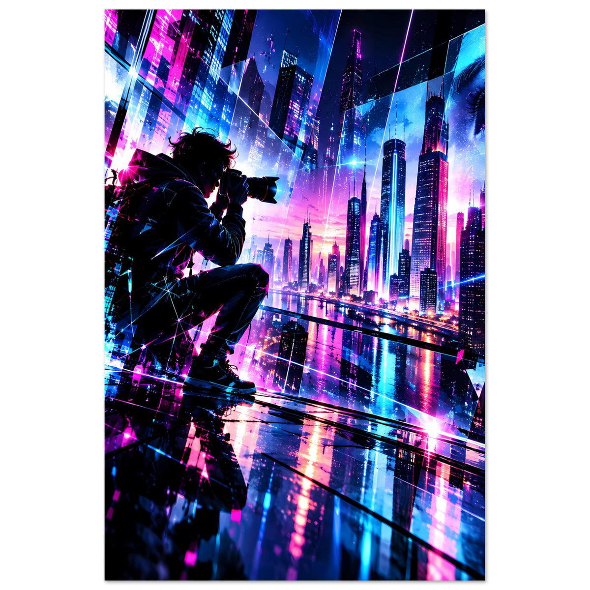 Neon-Cyberpunk-Stadtposter, Hochformat mit Silhouette und kontrastreicher Skyline