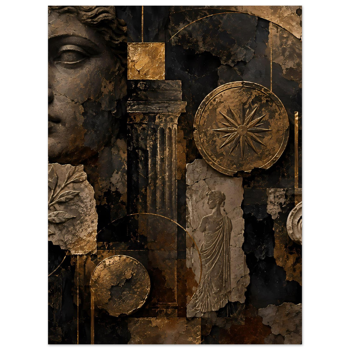 Wandposter mit antikem Profil, Bronzerad im Kreis, Säule und Figur in dunklen Bronze- und Schwarztonen