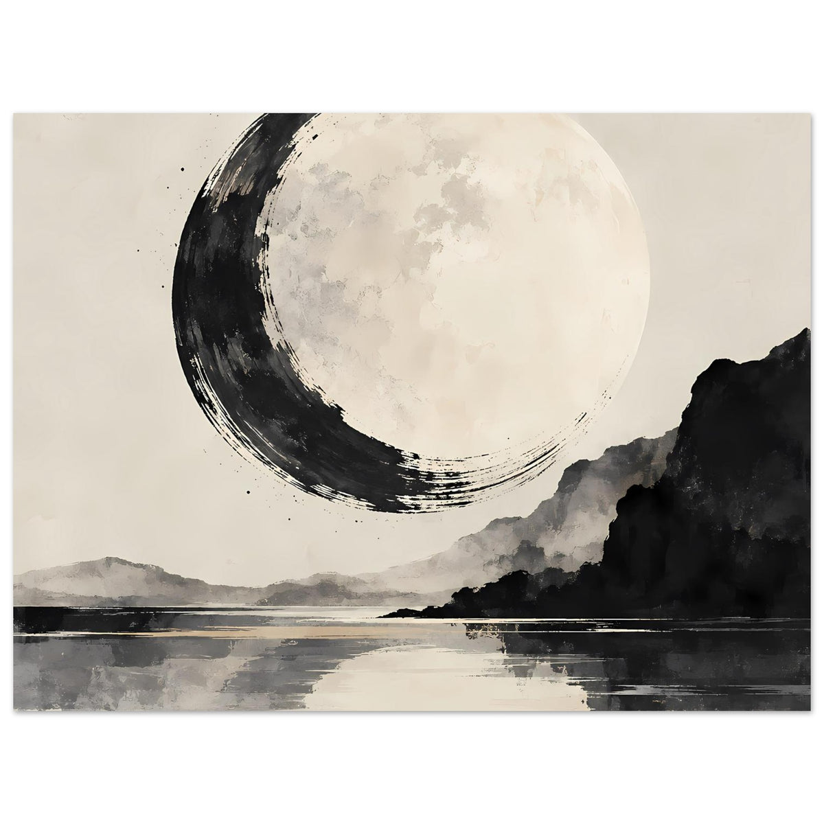 Poster-Design mit Mondsichel, dunklen Wolkenbergen und Wasserreflexion
