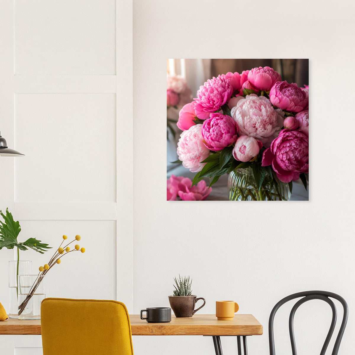 Poster mit rosa Pfingstrosen-Bouquet, volle Blüten und grüne Stiele