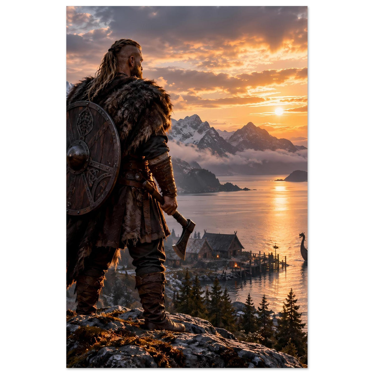 Hochformatiges Poster: Wikinger mit Rundschild, Steg und Langboot im Fjord bei Abendlicht