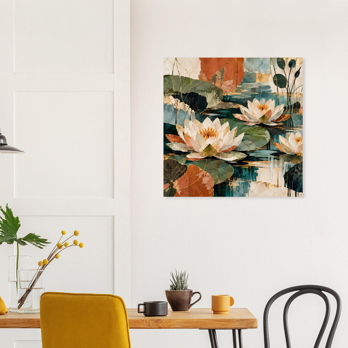 Botanisches Poster mit Seerosenblüten und großen Blättern, Farben in Blau, Orange, Grün