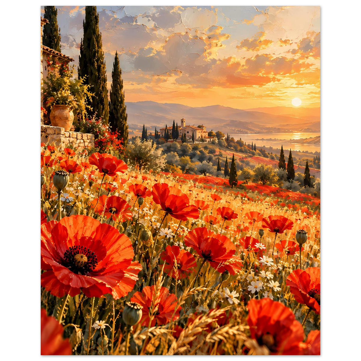Poster mit roten Mohnblüten im Vordergrund und Landschaft bei Abendsonne