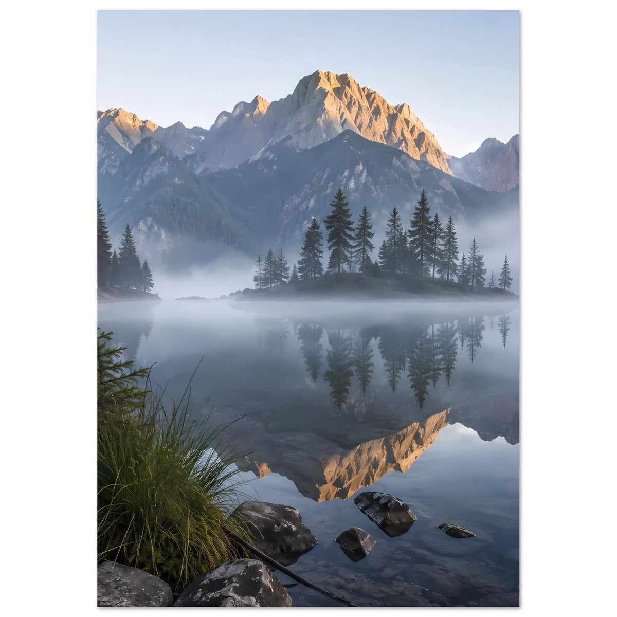 Poster mit Alpenpanorama, Tannen im Vordergrund und spiegelnder Seenfläche im Nebel