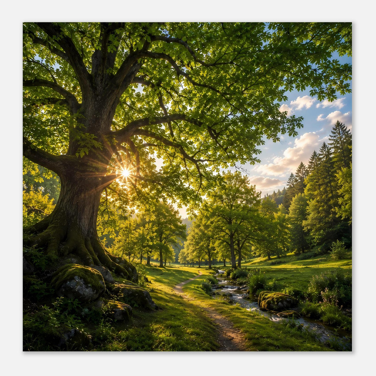 Horizontales Poster mit Waldweg, Bach und gelbem Sonnenlicht zwischen Bäumen