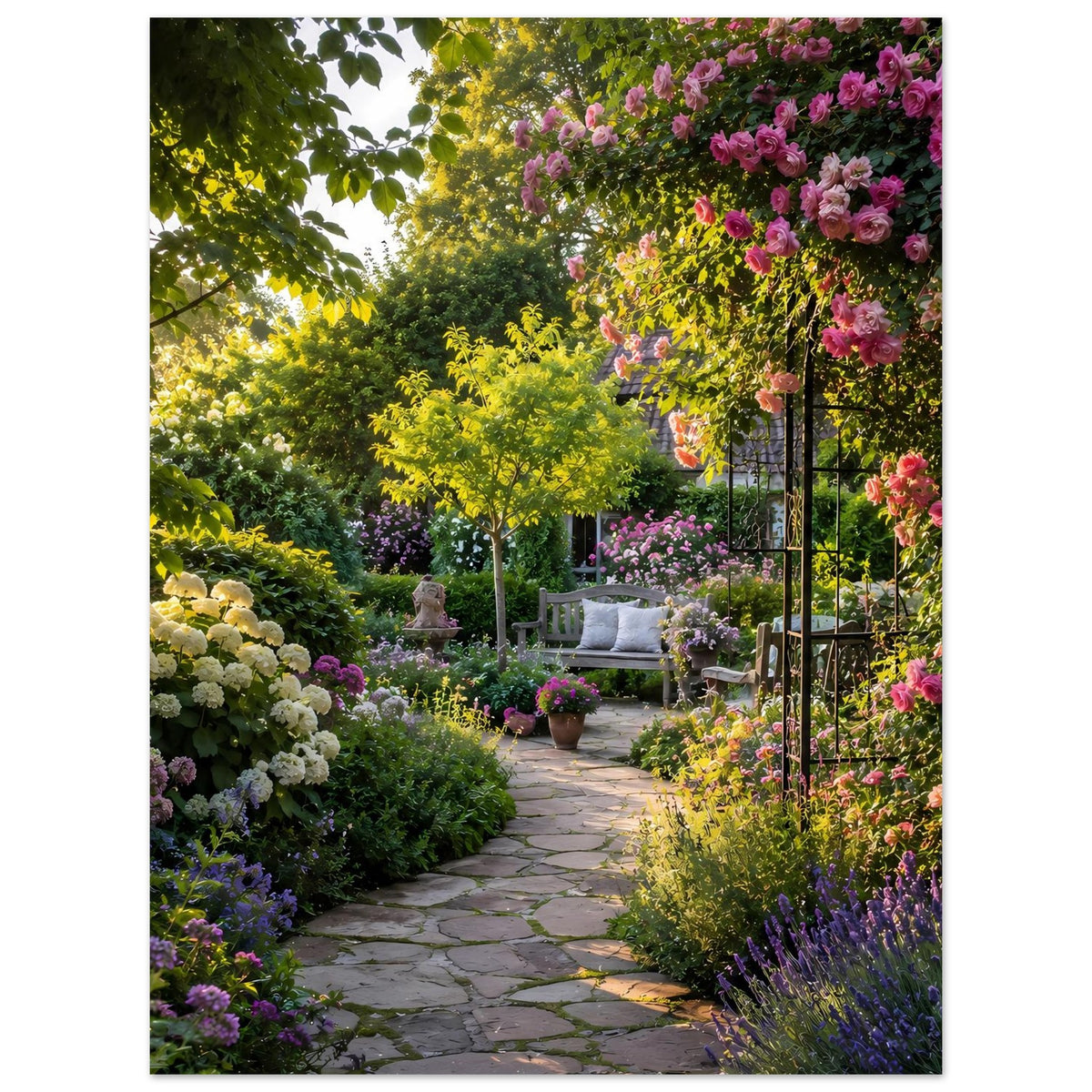 Poster Hochformat: Gartenweg zwischen blühenden Sträuchern, gelbe Baumkrone und rosa Rosen im Vordergrund