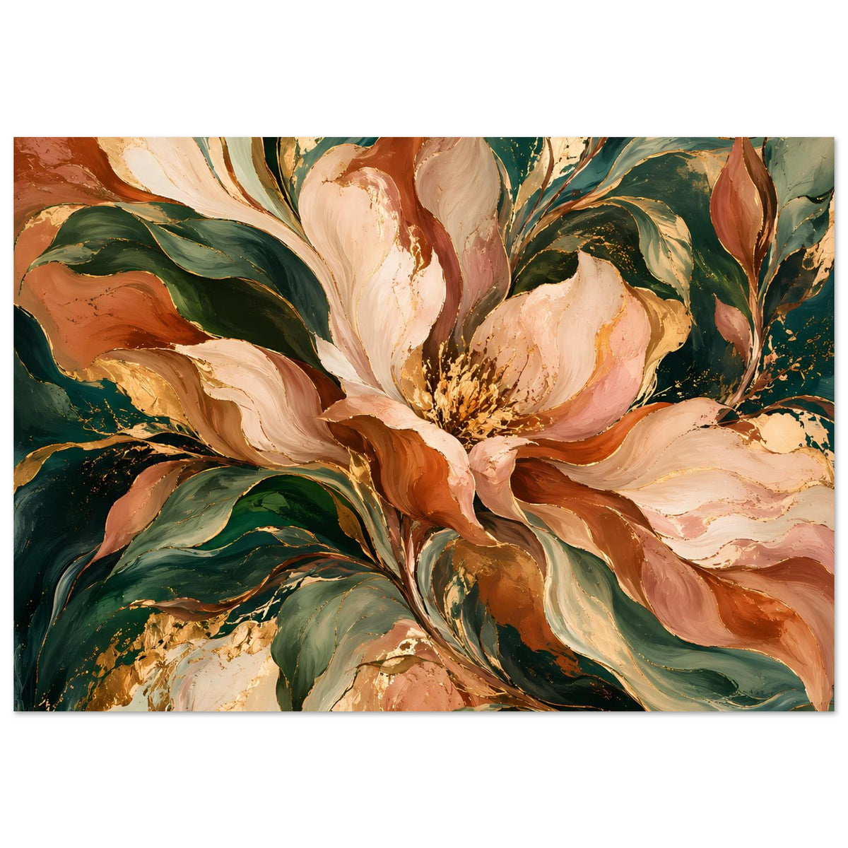 Horizontales Blumenposter mit Pfingstrosen in Creme, Terrakotta und Dunkelgrün auf Mattpapier