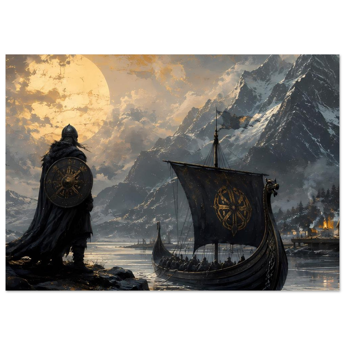 Wikinger-Poster: Schildträger im Vordergrund, Drachenboot auf Fjord und Gebirge im Hintergrund