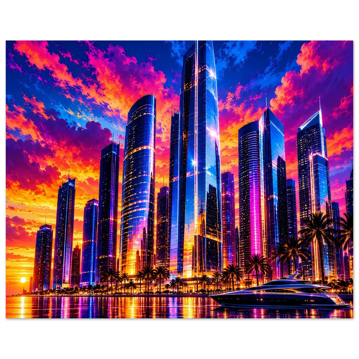 Großstadt-Skyline-Poster in breiter Ansicht: Wolkenkratzer, Palmen und reflektierendes Wasser