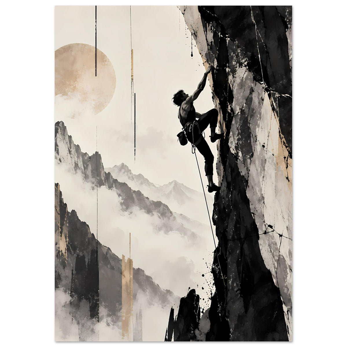 Vertikales Poster mit Bergsteiger am Fels und Bergkette im Nebel, Schwarz-Weiß mit beigem Kreis