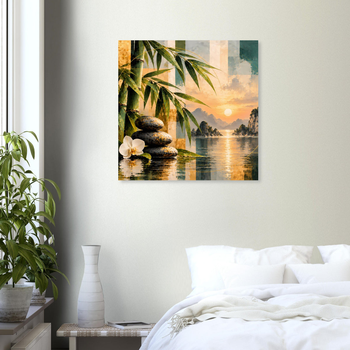 Quadratisches Wandposter mit See-Sonnenuntergang, Bambusblättern und Steinmotiv