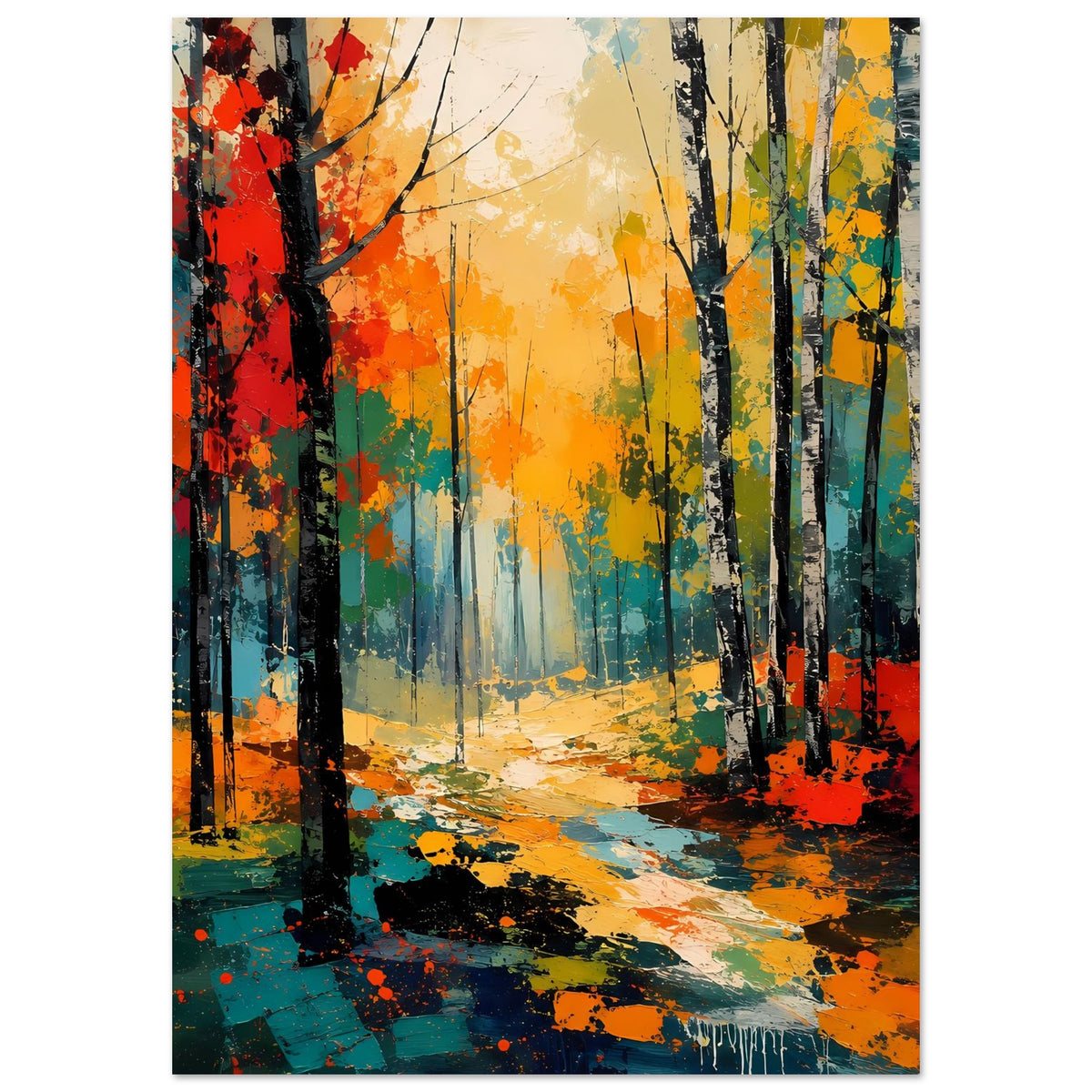 Wandposter im Hochformat: farbenfroher Wald mit Weg, gelb-orangenem Hintergrund und schwarzen Stämmen