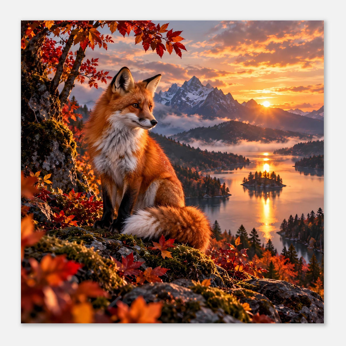 Poster mit Fuchs im Herbstwald: orange Laub, Berge im Dunst und goldener Sonnenuntergang