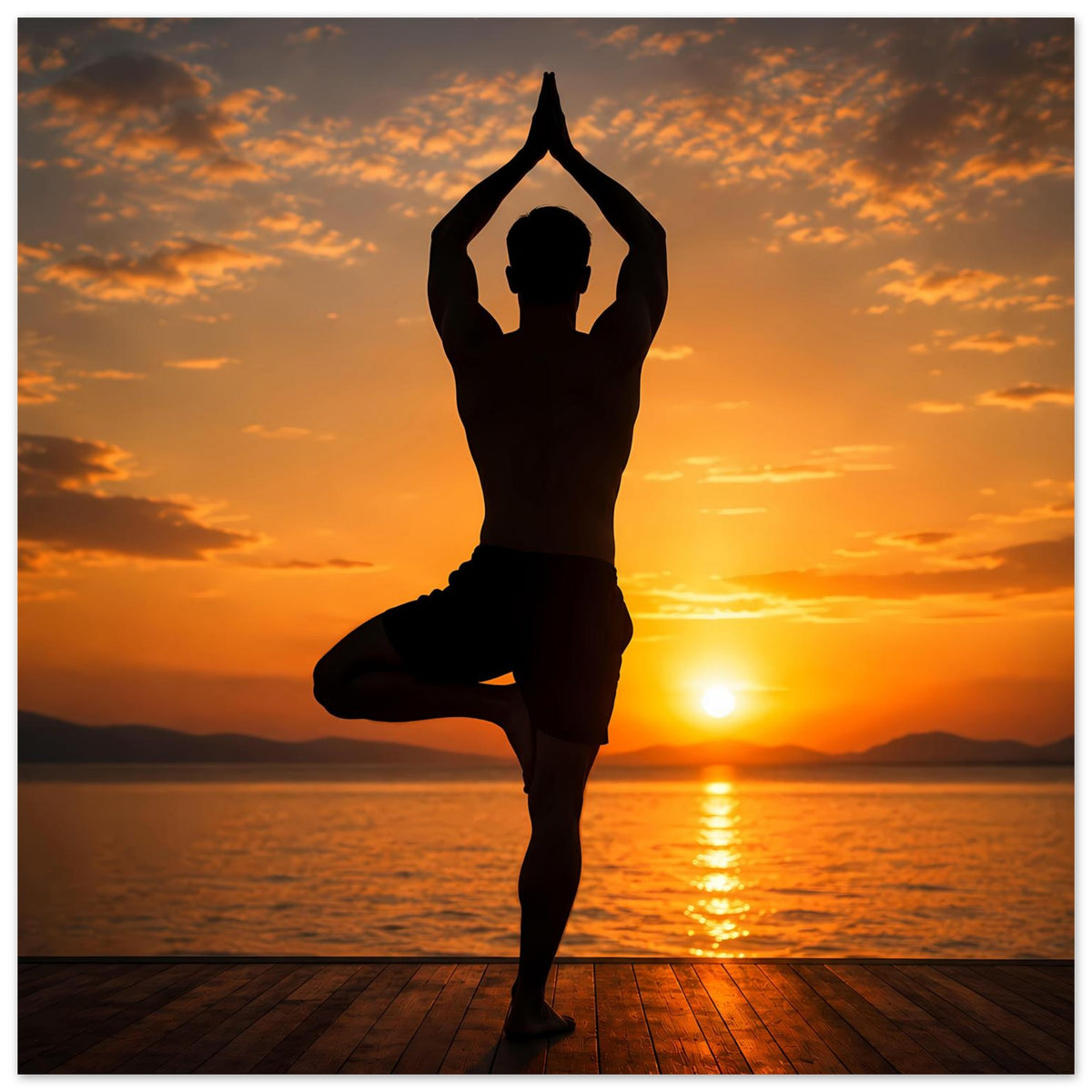 Wandposter mit Yoga-Silhouette im Stand: angewinkeltes Bein, Arme nach oben geöffnet