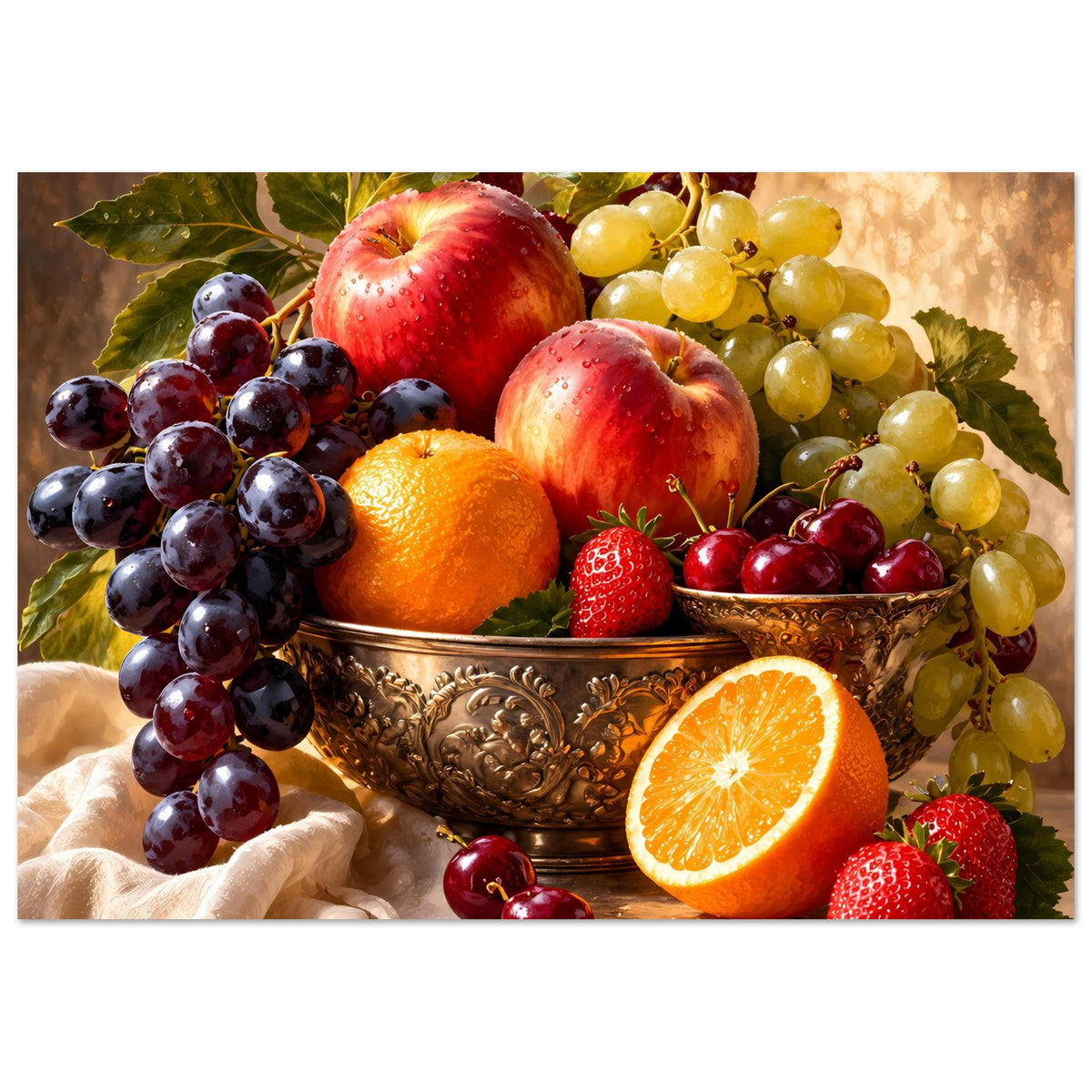 Stillleben-Poster mit Obstschale, Trauben, Apfel, Orange, Erdbeeren und Kirschen