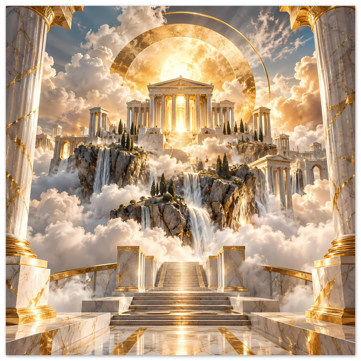 Hochformat-Poster mit Tempel im Lichtkranz, goldenen Ornamenten an den Seiten