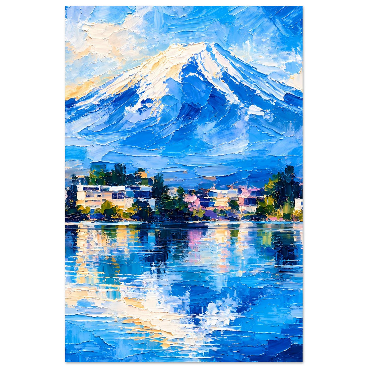 Kunstdruck Poster im Hochformat mit blauem Berg, See und bunten Häusern