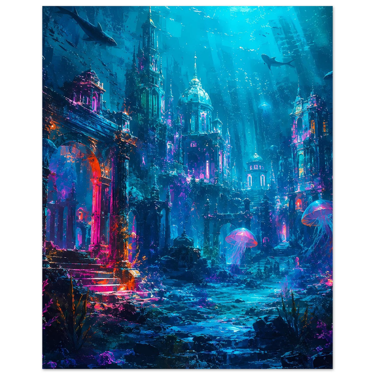 Unterwasser-Fantasy-Poster im Hochformat: versunkene Stadt mit leuchtenden Quallen
