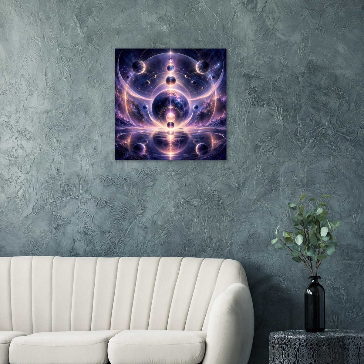 Quadratisches Poster mit kosmischer Mandala-Grafik, blauen Lichtringen und Planeten.