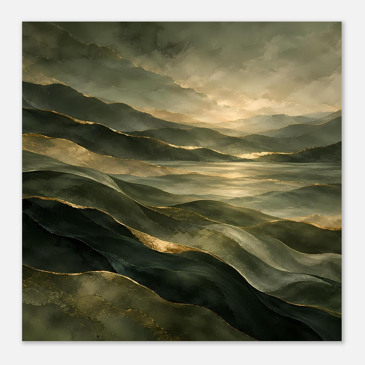 Quadratisches Landschafts-Poster mit grünen Hügeln und goldenen Lichtkanten, Sonnenuntergang