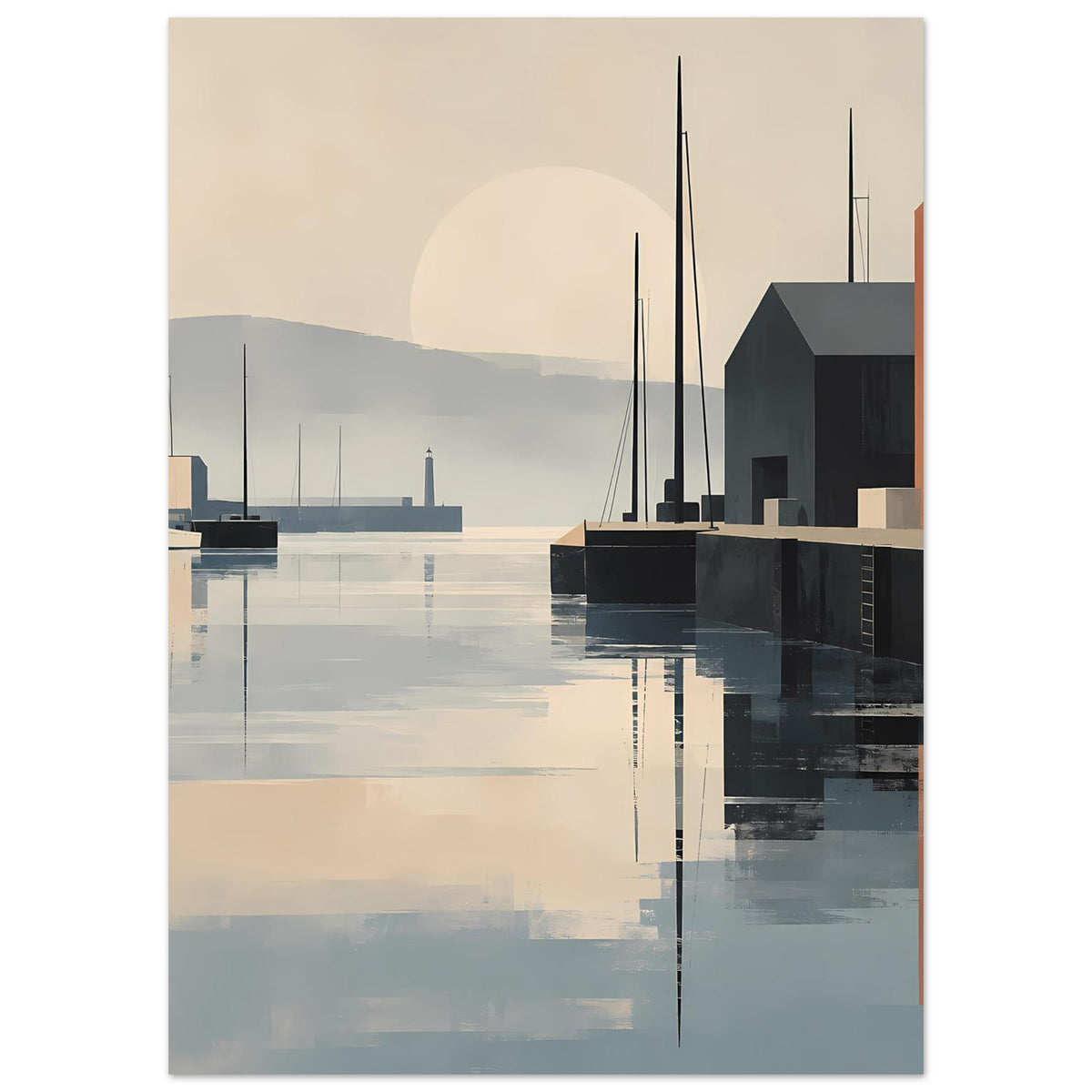 Hafen-Sunset-Poster mit dunklen Gebäuden, vertikalen Masten und abstrakten Farbverläufen im Wasser