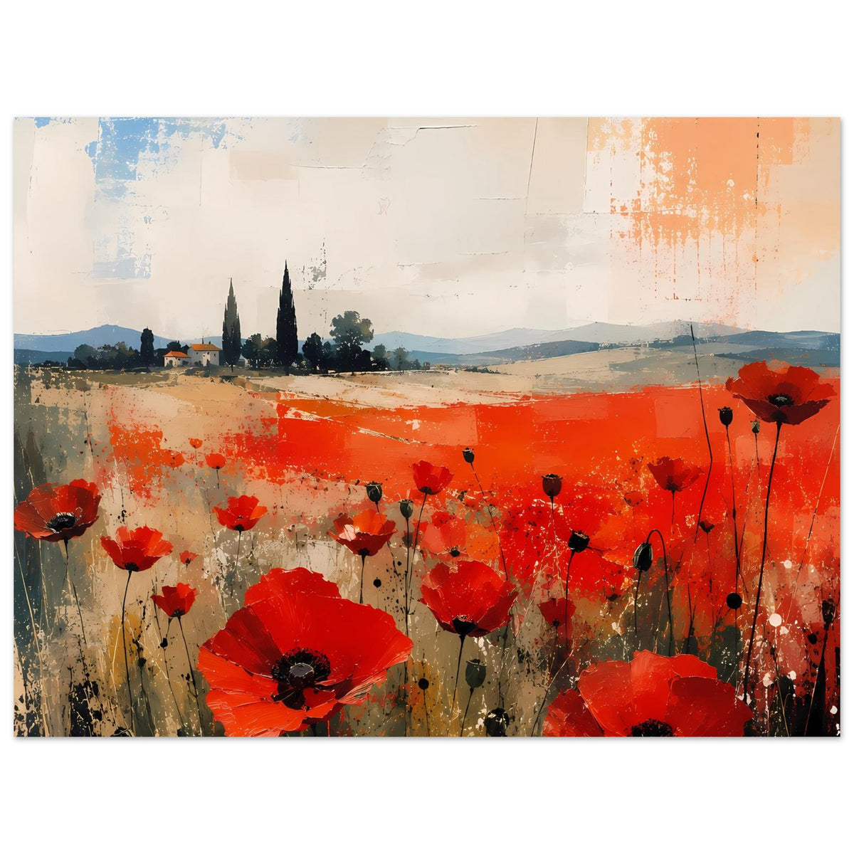Poster mit roten Mohnblumen und abstrakter Landschaft, dekorativer Farbauftrag
