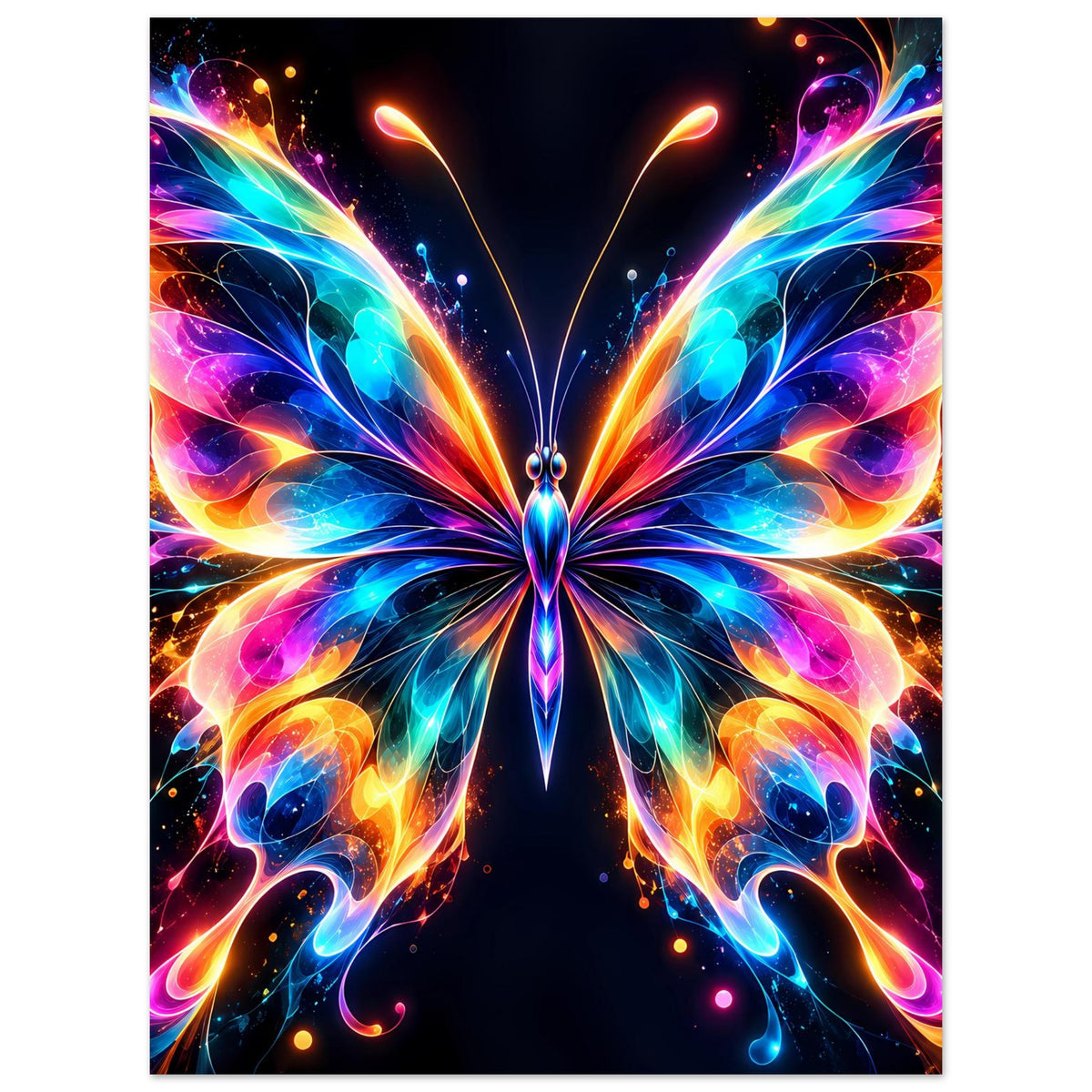 Neon-Schmetterling-Poster im Hochformat, leuchtende Flügelmotive mit Regenbogenverlauf
