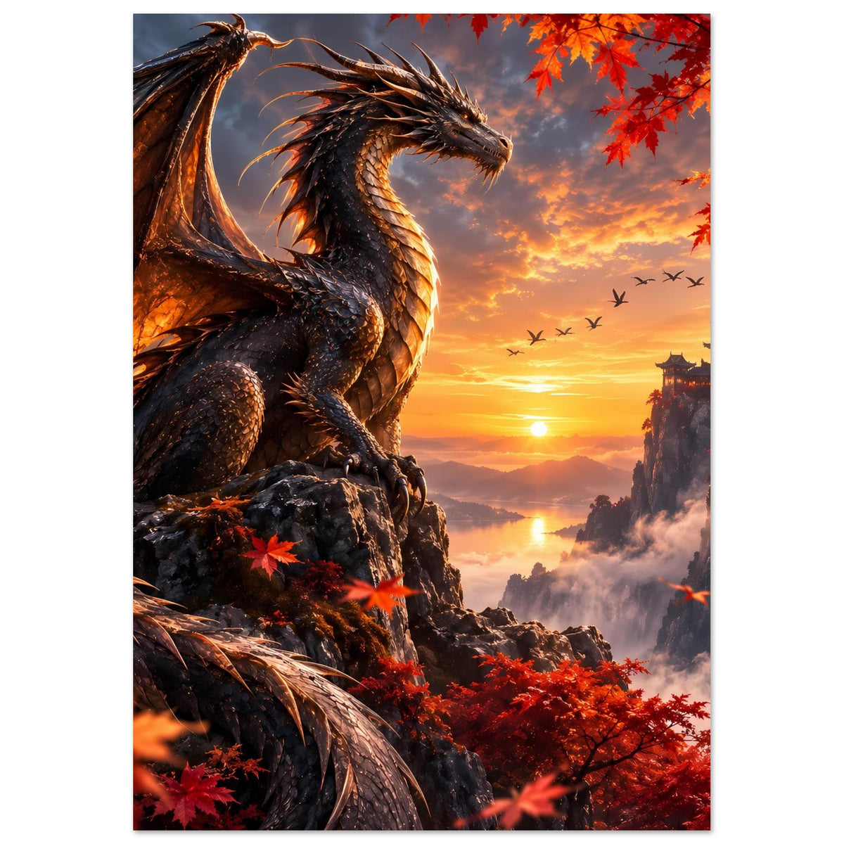 Poster mit Drachen auf Felsen, orange beleuchtete Flügel und rotes Blattwerk