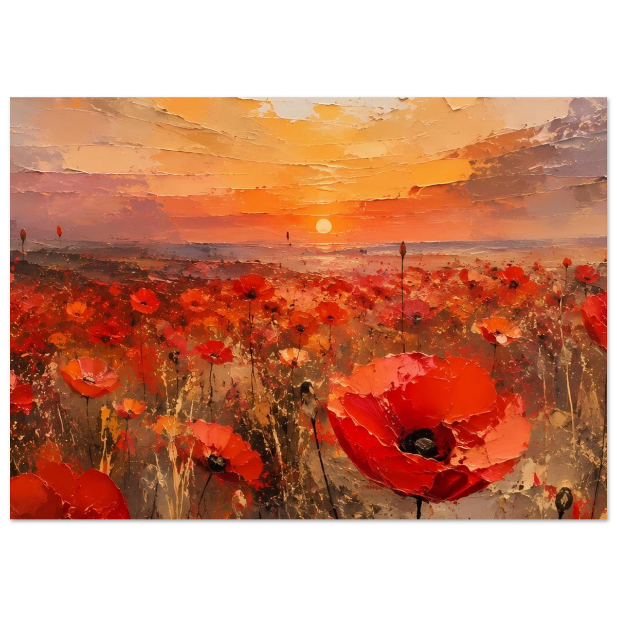 Querformat-Poster: rotes Mohnblumenfeld, orangefarbene Sonne am Horizont