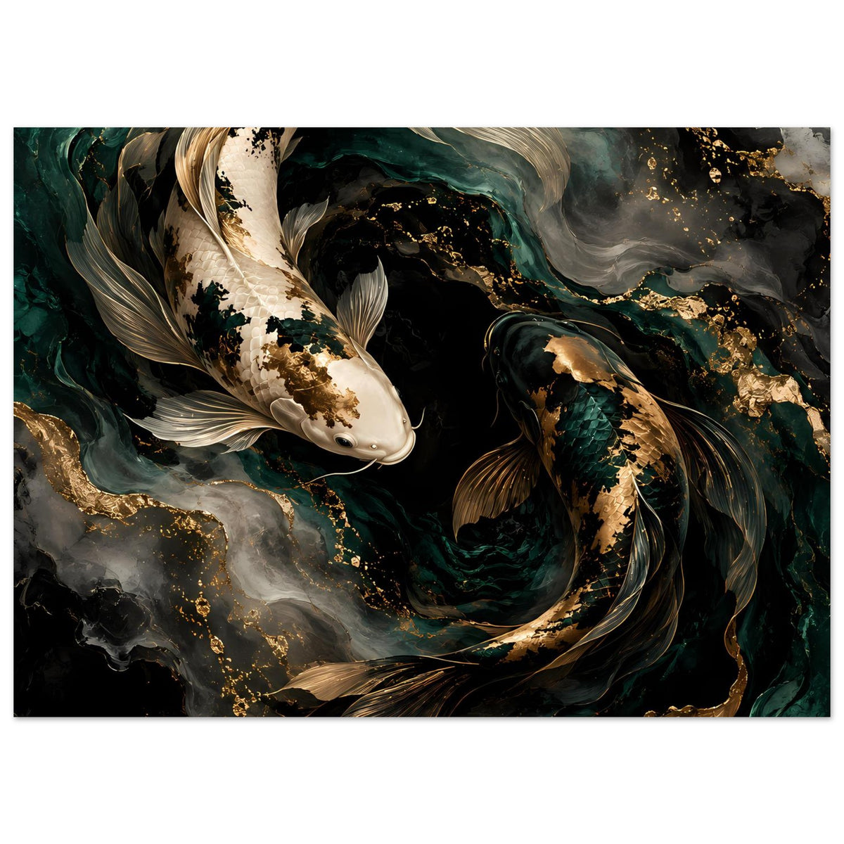 Kunstposter mit Koi-Fisch Paar in Tiefgrün, Gold und Grau, breites Querformat