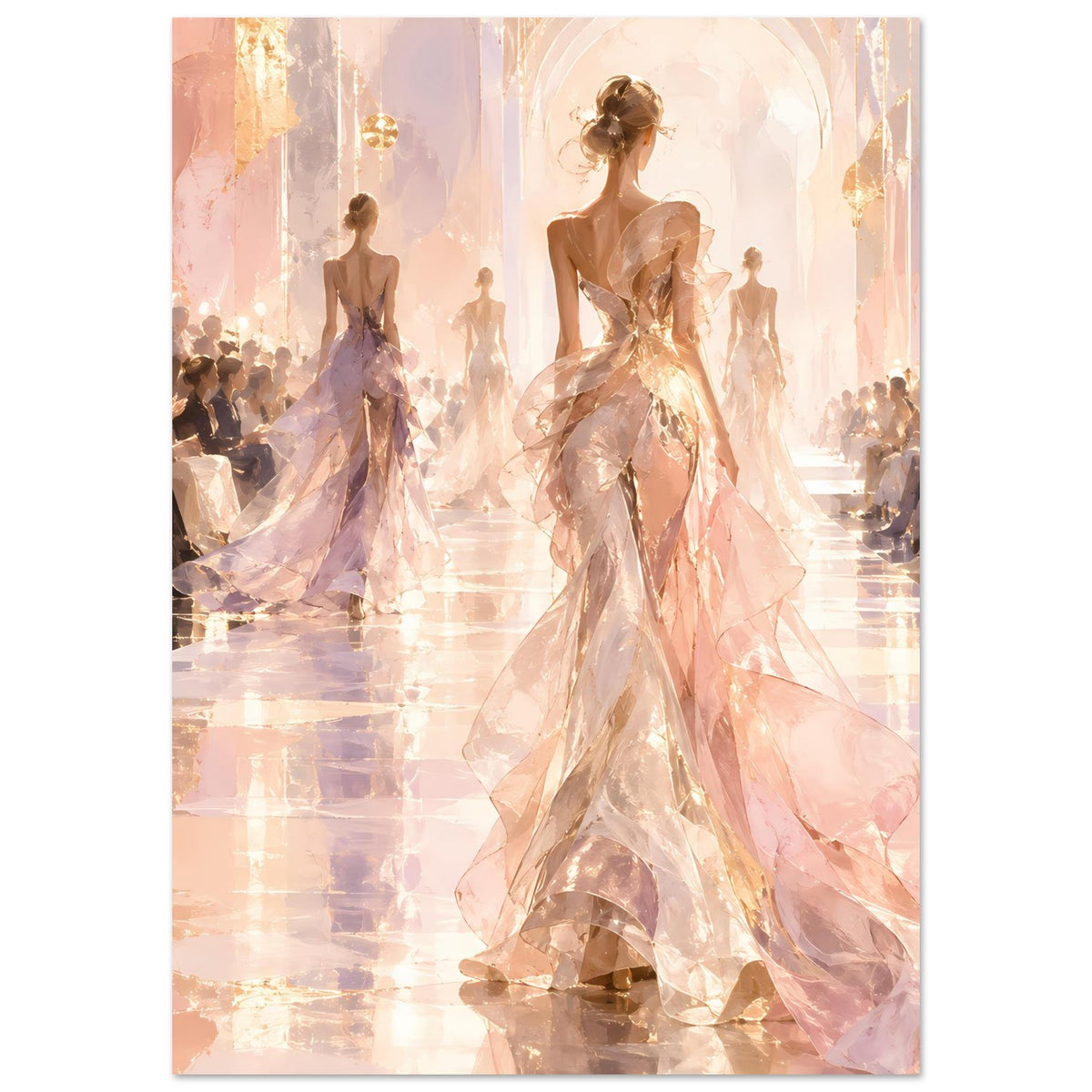 Vertikales Fashion-Poster: goldrosa Abendkleid, Laufsteg und Publikum am Rand