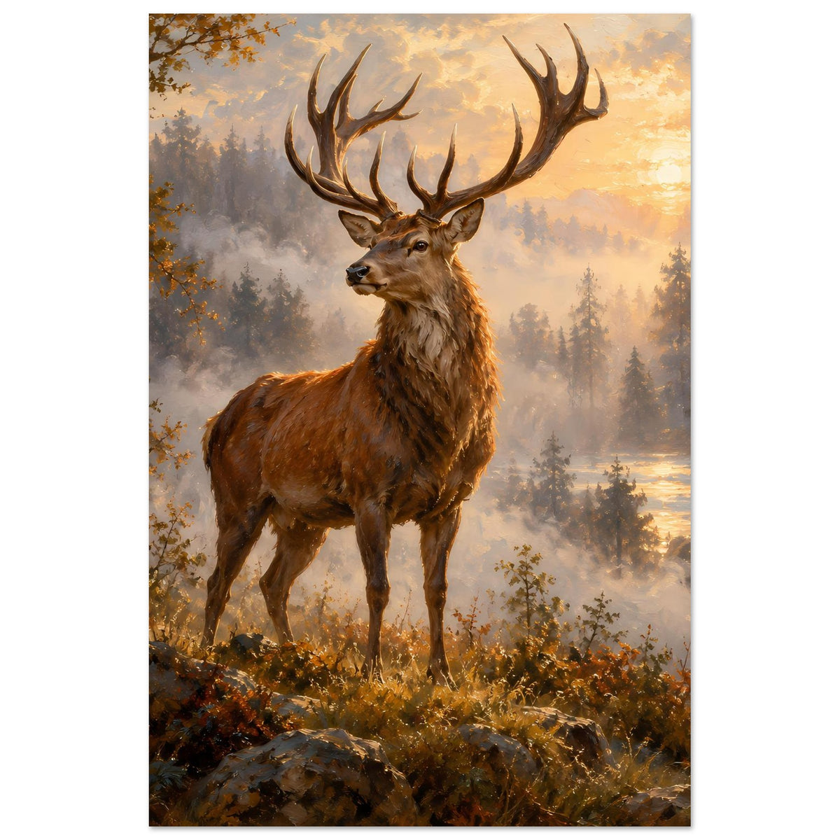 Majestic Stag Poster: stehender Hirsch im Morgenlicht, aufrechter Bildausschnitt