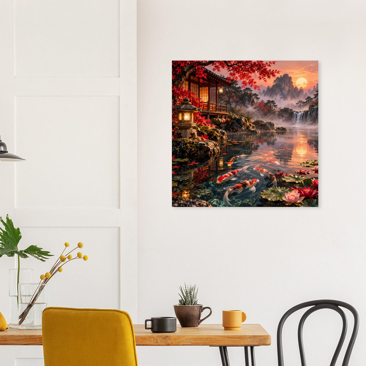 Gerahmtes Poster mit Koi-Fischteich, Blumen am Ufer und spiegelndem Wasser