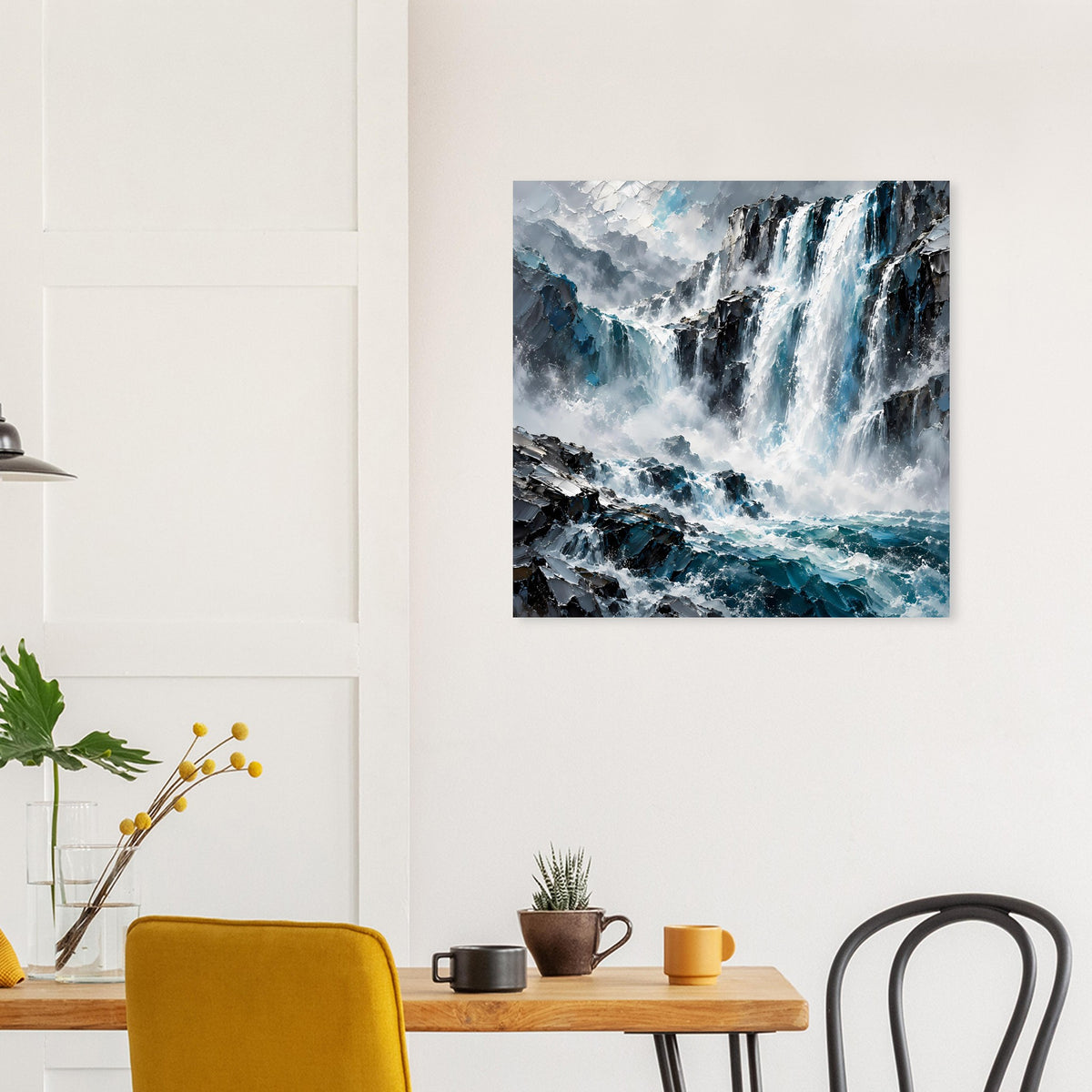 Gerahmtes Poster mit Wasserfall über Felsen, darüber Wolkenstimmung in Blau-Grau
