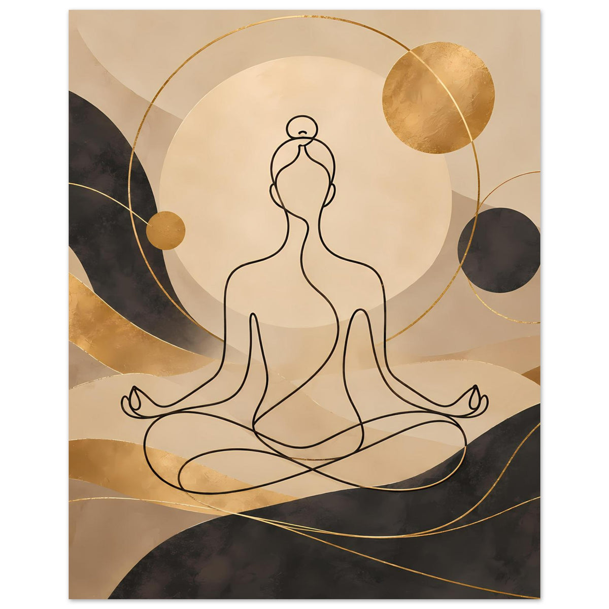 Yoga-Meditationsdruck mit Konturfigur, goldenen Kugeln und runden Linien über abstraktem Grund